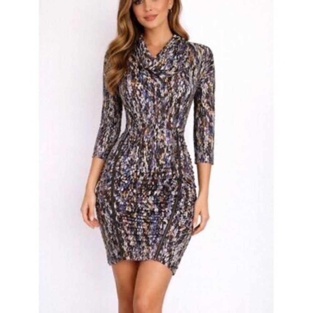 BCBGMAXAZRIA Womens Abstract Print Cowl Neck Ruched Zipper Bodycon Dress Medium